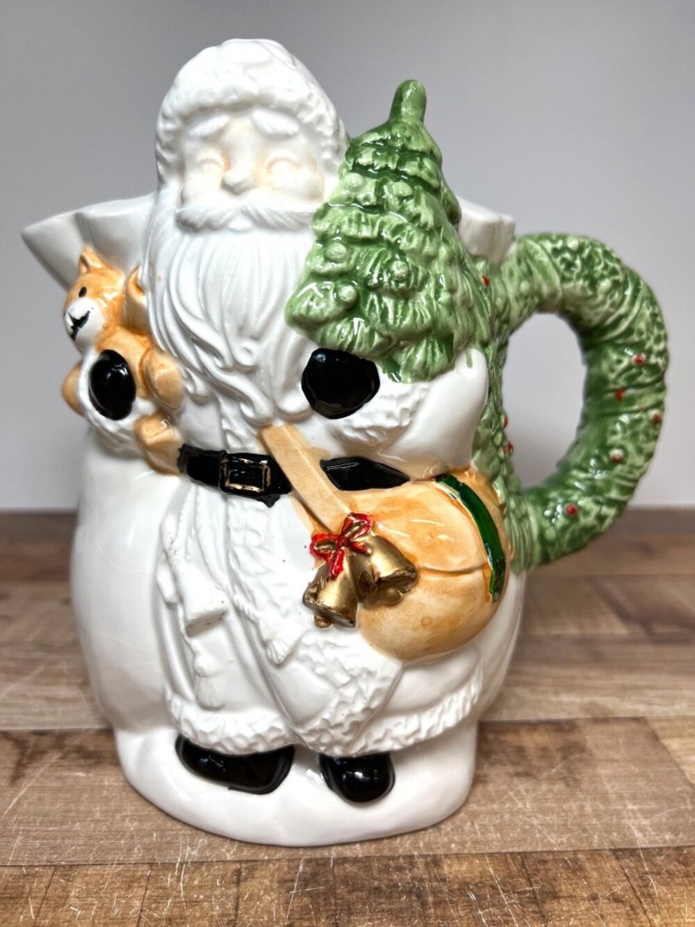 Santa Claus Ceramic Pitcher With Holiday Tree Handle & Teddy Bear Design